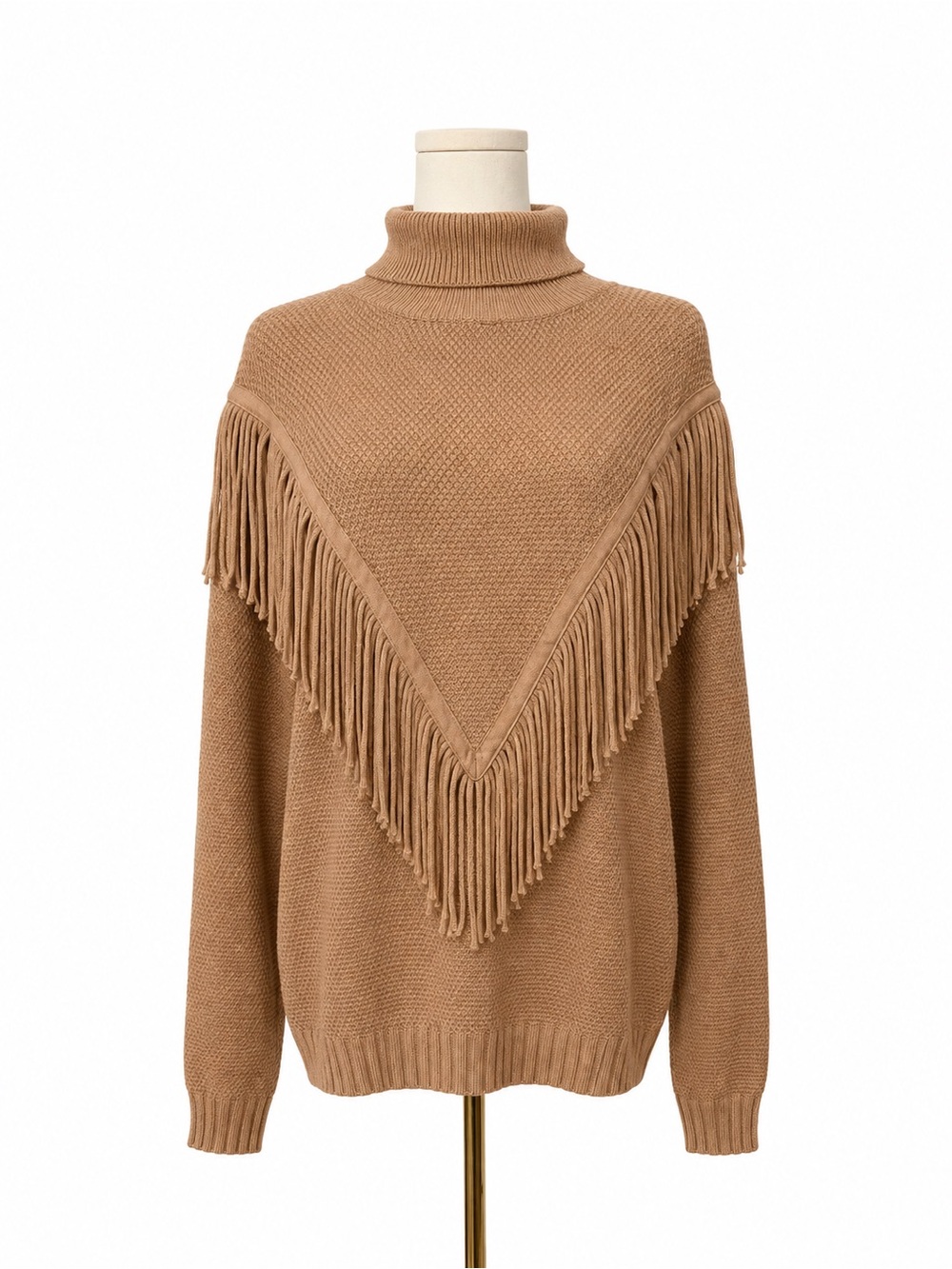 Fringed Turtleneck Sweater in Camel